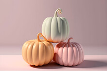 Three Ceramic Or Glass Pumpkins Painted In Pastel Colors With Golden Stems And Leaves
