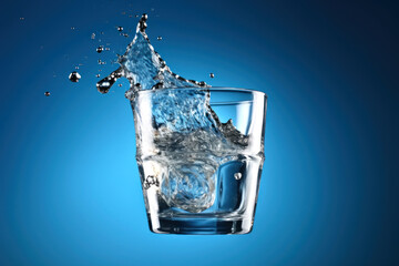 A transparent glass with water pouring out of it on a gradient blue background. Generated by AI.