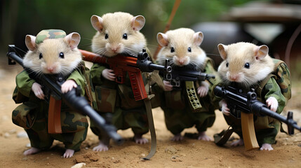 Wall Mural - A group of cute hamster animals holding weapons and wearing military clothes are ready to fight on the battlefield created with Generative AI Technology