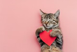 Fototapeta Zwierzęta - Cute tabby kitten hugging a paper red heart. Cat lying on a back on pink background in top view. Love concept for Valentine's Day. Banner, ad, billboard for animal shelter, veterinary clinic