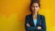 © Dmitriy - strong and independent beautiful business woman on a yellow background, banner, copy space