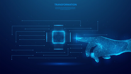 Digital transformation concept, illustration of hand touching cpu chip. Evolution of technology based on artificial intelligence machines. blue low poly style vector background design.