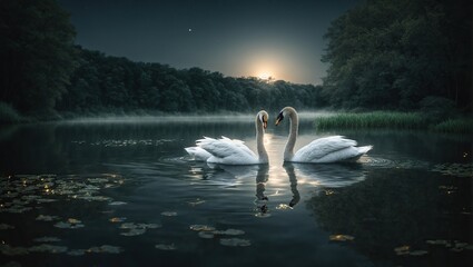 A calm nighttime scene featuring two elegant swans floating over the moonlit pond, their reflections dancing in the placid water.