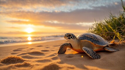 Wall Mural - A little hatchling loggerhead sea turtle emerges from its nest and makes its way towards the huge ocean as the sun rises over the horizon, its shell shimmering in the golden light. 