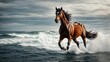  A majestic horse galloping gracefully on the shimmering surface of the ocean