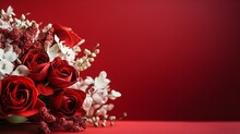 A Lovely Red Flower Bouquet Is Displayed On A Red Backdrop with Copy Space, Generative AI.