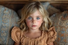 Thoughtful Child With Blue Eyes.
Close-up Of A Contemplative Young Girl With Striking Blue Eyes, Indoors With A Neutral Backdrop.