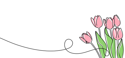Continuous one line drawing of beautiful spring flowers graphic design. Single line art illustration bouquet of pink tulips on transparent background
