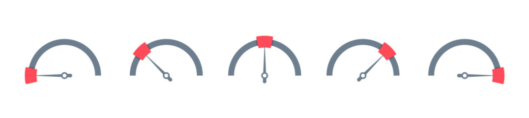 half circle gray and red speedometer. five step shaded speedometer