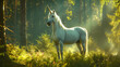 Beautiful white unicorn with a golden horn in a magical forest, free space for copy to the left of the image