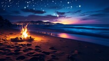 Beach Bonfire Lighting Up The Sandy Shore Under A Starry Ocean Sky