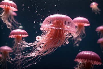 the elegance of a pink jellyfish floating smoothly across the ocean's deep, midnight blue 