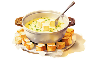 Wall Mural - Delicious Creamy Vegetable Soup in a Wooden Bowl with Bread Croutons: A Gourmet Vegetarian Meal on a White Plate.