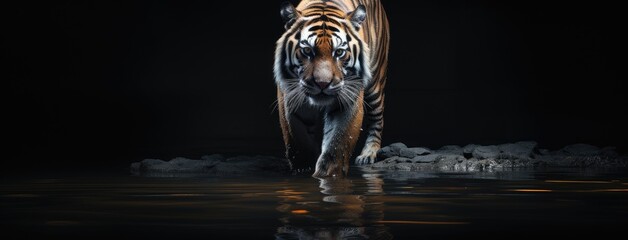 an Amur tiger walking gracefully in the water, a minimalist modern style to emphasize the wild cat's natural habitat, capturing the essence of its beauty and power with simplicity.