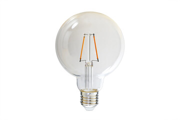 LED lamp with clear transparent glass and two orange filaments, nostalgic design to resemble a traditional incandescent light bulb, isolated on a white background, copy space