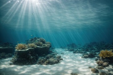 Wall Mural - a sandy bottom, a deep blue sea, and lovely light beams in the background