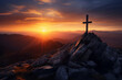 Concept of faith in God. Silhouette of a religious cross on mountain peak at sunset. Hope for salvation, request for help to heaven