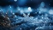 On an icy winter's night, snowflake ice crystals descending upon plants and frozen ground, Generative AI.
