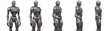 Futuristic robot man or very detailed cyborg standing. Full body. Collage or set of five different angles. Isolated on transparent background. 3d render