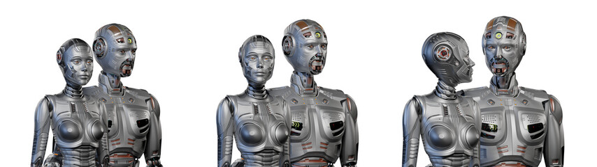 Wall Mural - 3d render of two detailed futuristic robots man and woman looking at each other while staying together. Upper bodies view isolated on transparent background. Set or collage of three poses.