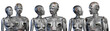 3d render of two detailed futuristic robots man and woman looking at each other while staying together. Upper bodies view isolated on transparent background. Set or collage of three poses.