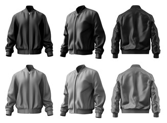 2 Set of black and dark grey gray, unisex bomber jacket with full zip zipper collar, front back side view on transparent background cutout, PNG file. Mockup template for artwork graphic design.