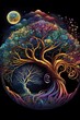 an intricate and detailed abstract t-shirt design of a beautiful magical fantasy forest with glowing mushrooms and faery mystical creatures under a full moon at night using algorithmic art, phylloxi