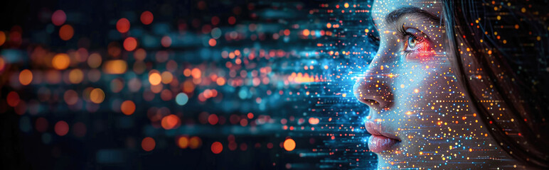 Cyber security and data protection concept with woman face and binary code