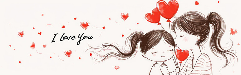 Wall Mural - Valentine's day greeting card with cute little girl and mother. 