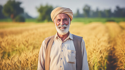 Senior indian farmer standing at wheat agriculture field