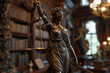 blindfolded goddess of law and justice statue in front of books shelf in the library