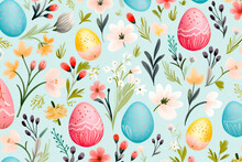Easter Retro Pattern Design Background With Decorative Eggs, Leaves, Flowers. Sky Blue Watercolor Art Background