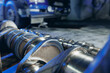 Concept Truck repair center. Diesel engine parts before installation on industry lorry in garage