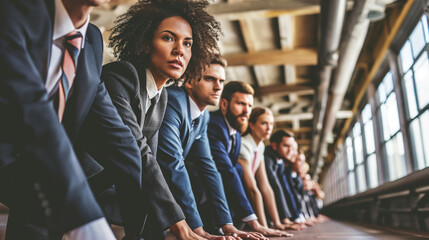 Row of confident happy business people getting ready for race, being in a competition for success