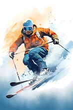 Ski Athlete, In Watercolor Style, Generative Ai