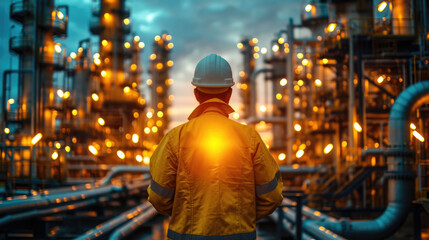 The double exposure image of the engineer standing back during sunrise overlay with cityscape image.