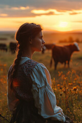 Wall Mural - Girl in the meadow on the background of cows. Agriculture. Farm life