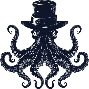 Octopus wears a hat. Vector black engraving vintage illustrations. Isolated on a white background.