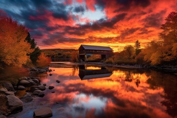 Wall Mural - Vibrant fall sky background with a rustic covered bridge