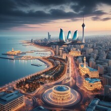 Azerbaijan Baku Flame Towers Boulevard Sightseeing Travel 