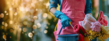 Cleaning Lady Holding A Bucket Of Cleaning Products In Her Hands On A Blurred Background.
