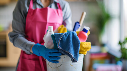 Sticker - Cleaning lady holding a bucket of cleaning products in her hands on a blurred background.