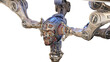 Futuristic robot head or humanoid face under construction by mechanical assembly arms or robotic automated equipment. Cyber factory isolated on transparent background. 3d rendering