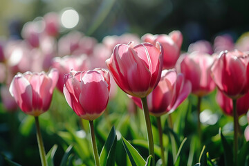 Wall Mural - Bright pink tulips close-up on a tulip field in sunset lighting.