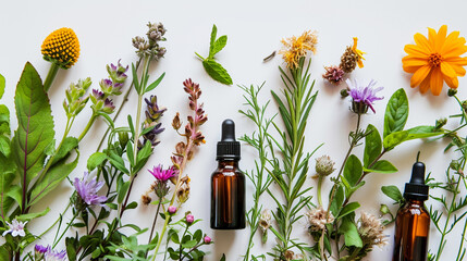 Wall Mural - essential oils and herbs on a white background