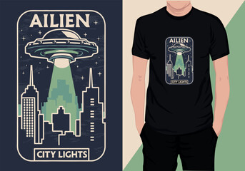 Retro Vintage Alien T-shirt Design,Alien City Lights T-Shirt Design