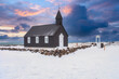 The little black church of Budir, Black Church. South coast of Snaefellsnes peninsula In the West of Winter Iceland