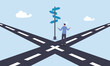 Confused businessman at the crossroads thinking way to go, business crossroads, finding solution or direction for success, confusion or what next challenge, opportunity choice or alternative concept.