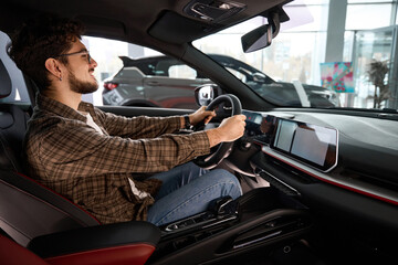 Wall Mural - Joyful guy sitting in automobile buying new car in dealership testing vehicle