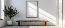 Wooden Bench Against White Wall With Poster Frame. Ethnic Farmhouse Interior Design Of Modern Entrance Hall,in The Style Of Monochromatic Whithe Figures,fragmented Architectur,coastal And Harbor Views